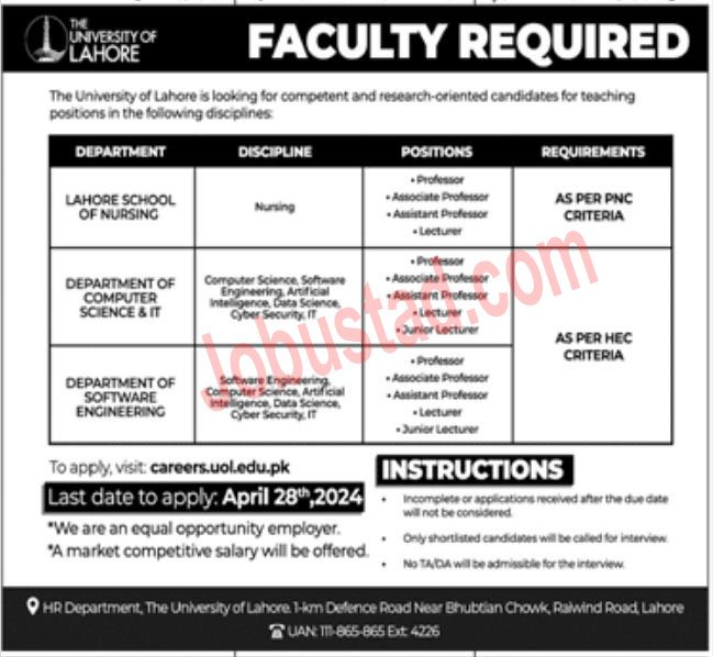 University of Lahore Jobs 2024